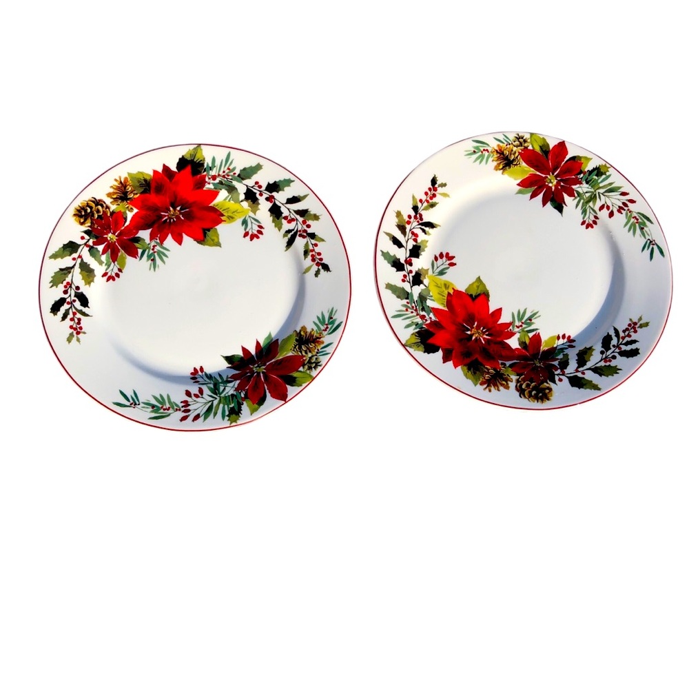 GRACE TEAWARE Fine Porcelain Christmas Poinsettias Holly and Pine Cones Plates
